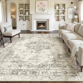 PureCozy 8x10 Area Rugs for Living Room Non Slip Low Pile Soft Vintage Floral Accent Thin Washable Carpet Antique Indoor Rug for Office College Dorm Laundry Room Dining Bedroom Grey