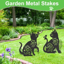 2Pcs Cat Garden Stakes Cat/Dog Lawn Garden Decoration Ornament Garden Animal Statue Silhouette Pattern Metal Black Cat/Dog Stake Animal Art Stake Yard Art Lawn Patio Home Decorations (Cat)