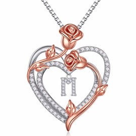 Iefil Wife Birthday Gift Ideas - Anniversary Birthday Gifts for Her Women, Rose Flower Heart Initial M Letter Necklace Jewelry