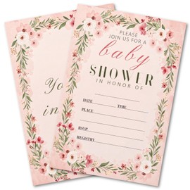WENFLY Flower Baby Shower Invitations Party Invitations Card Kit 25 Pcs 4x6 Inch Simple Romantic Warm Pink for Boy Girl
