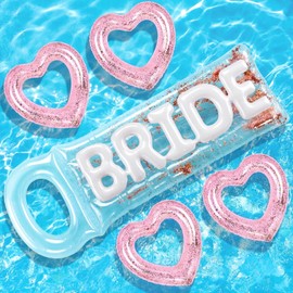 5 Pcs Bachelorette Pool Floats Set, Bride Pool Party Decor: 72" Glitter Bride Raft Lounger & 4 Heart Swim Rings Inflatable Beach Float for Bridesmaids Bridal Shower Wedding Engagement(Pink,Glitzy)