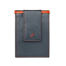 Nautica Men's Genuine Leather Front Pocket RFID Wallet (Available in Smooth or Pebble Grain), Pop Color - Navy/Red, One Size