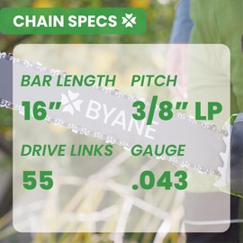BYANE 16 Inch Chainsaw Bar and Chain Combo, 3/8" LP Pitch, 043" Gauge, 55 Drive Links, Fits Stihl MS170, MS171, MS180c and More- 61PMN3, R55 (3 Chains+ 1 Bar)