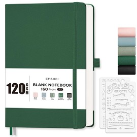 EMSHOI A5 Notebook Blank Journal - 120 GSM Hardcover Leather Sketch Book with Doodle Stencil, 160 Pages Unlined, Plain Art Sketchbook for Women Men Work School Drawing, 14.5 x 21cm - Dark Green