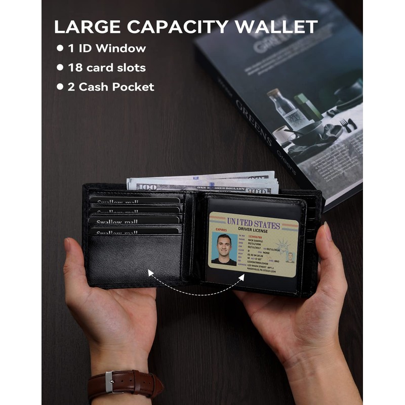 swallowmall Mens Wallet RFID Genuine Leather Slim Bifold Wallets for