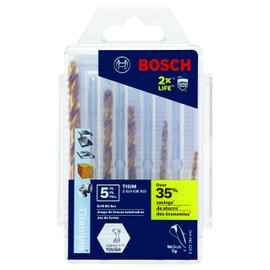 BOSCH TI5IM 5-Piece Assorted Set Titanium Nitride Coated Metal Drill Bits with Included Case Impact Tough with Impact-Rated Hex Shank Ideal for Heavy-Gauge Carbon Steels, Light Gauge Metal, Hardwood