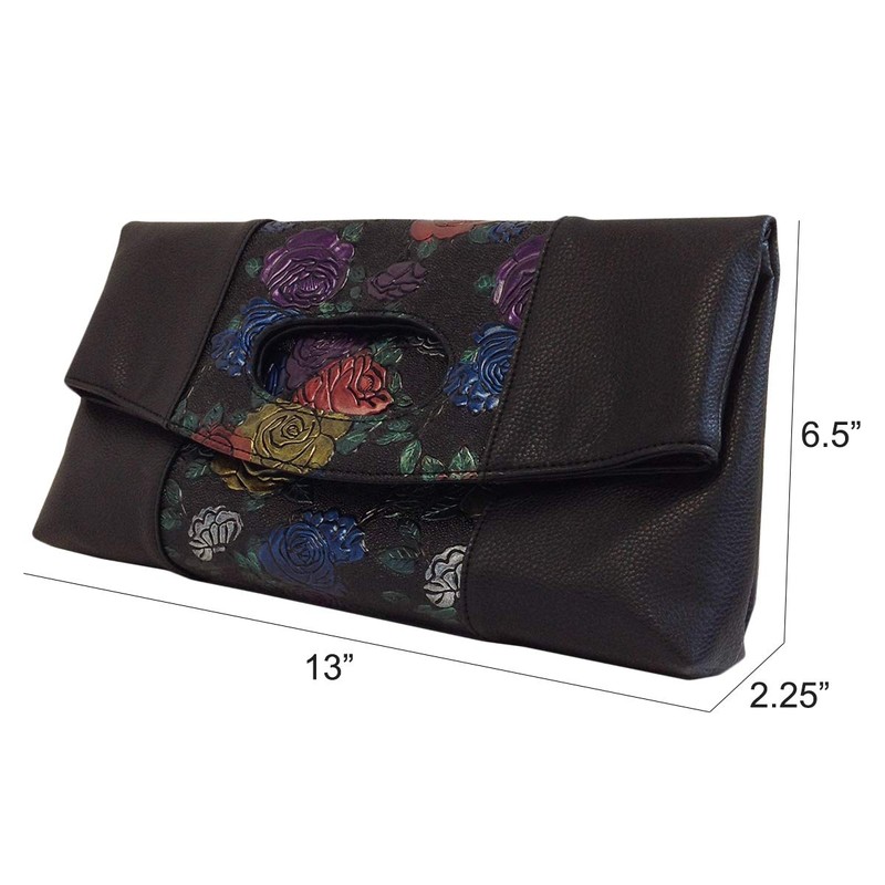 JNB Flower Print Fold Over Clutch, Black, Medium