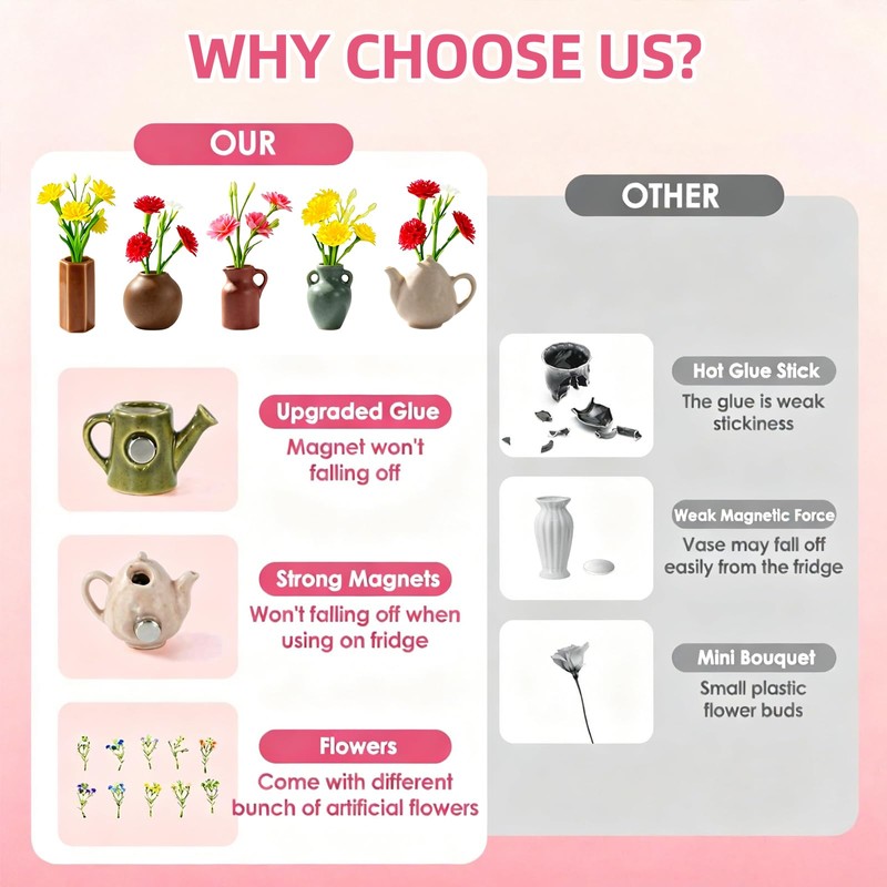 10 Pack Cute Mini Ceramic Vase Fridge Magnets with Artificial