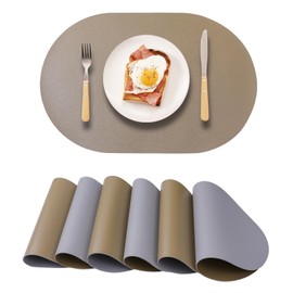 Wipeable Placemats Set of 6 Oval Faux Leather Placemat Reversible Grey and Gold PU Table Mats Heat Resistant Anti Slip Waterproof Place Mat for Indoor and Outdoor Dining Table