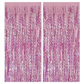 Nenluny 3pcs Wavy Pink Foil Fringe Curtain Wavy Pink Fringe Backdrop Photo Booth Streamer for Pink Theme Birthday Bachelorette Graduation Party Decorations