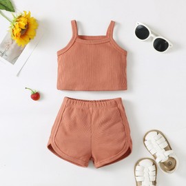 OPAWO Toddler Summer Outfits for Girls Ribbed Tops and Shorts 2PCS Infant Baby Girl Clothes Set Solid Color Toddler Outfit