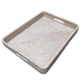 i-lan 17" Handwoven White Washed Natural Rattan Ottoman Serving Tray with Handles-Decorative Wash White Rectangular Wicker Basket Storage Platter for Fruits,Drinks and Table Things