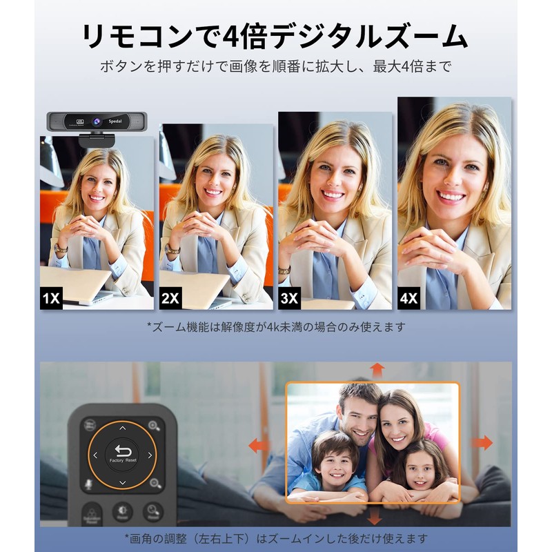 Spedal Webcam 4K UHD 8MP 4X Zoom 120° Wide Angle
