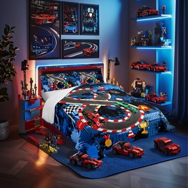 Full Size Comforter Sets for Boys Kids,Racing Car Bedding Comforter Sets,Cars Bedding for Teens Men,Cars Lover Bedding,Cool Race Cars Quilt Bed Set with 1 Comforter 2 Pillowcases(Blue Red)