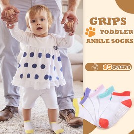 HYCLES 15 Pairs Toddler Socks, Kids Grip Socks for 5-7 years Non Slip Ankle Sock for Baby Boys Girls