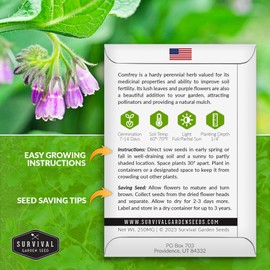 Survival Garden Seeds Comfrey Seed for Planting - 1 Packet with Instructions to Plant and Grow Slippery Root Plants in Your Home Herb Garden - Symphytum officinale - Non-GMO Heirloom Seed Variety