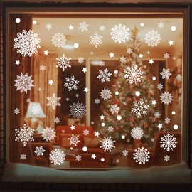 AHEONLAR 142PCS Christmas Window Static Cling Sticker, Snowflake Stickers Christmas Decorations, Waterproof Double-Sided Printed Xmas Window Clings Decals, Winter Stickers for Windows/Mirror/Fridge