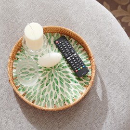 YANGQIHOME Round Serving Tray, Round Rattan Tray with Decorative Mother of Pearl Inlay, Round Wicker Tray for Home Decor, Table Decor, Gifts, Dining, Woven Tray of Food, Fruit, Coffee, 13.8 inch