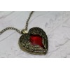 Steampunk Golden Winged Ruby Crystal Heart Pendant on 24" Chain
