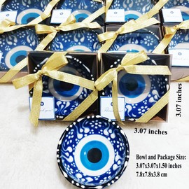 HAPPY PARTY FAVORS 12 PCS, Wedding Favors for Guests Bulk, Bridal Shower Guest Favors, Baby Shower Party Favors, Evil Eye Ceramic Bowls with Gold Ribbon, Thank You Tag, decorative bowls (12)
