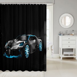 Feelyou Race Car Fabric Shower Curtain Black Sports Car Shower Curtain 3D Sports Car Bathroom Waterproof Accessories with 12 Hooks Boy's Sport Decor for Kids Teens Modern Style,72x72 Inches