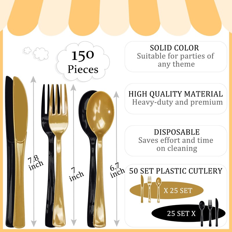150 pcs Black and Gold Plastic Cutlery Set Disposable Heavy
