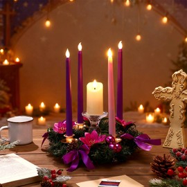 Suncalla 7 Pcs Christmas Advent Wreath Candle Holder 5 Flameless Candle Set
