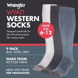 Wrangler Wyatt Western Cowboy Boot Socks for Men - Over Calf Extended Crew Socks Pack of 9 pairs, Size 6-12 (Cotton Blend, Blue)