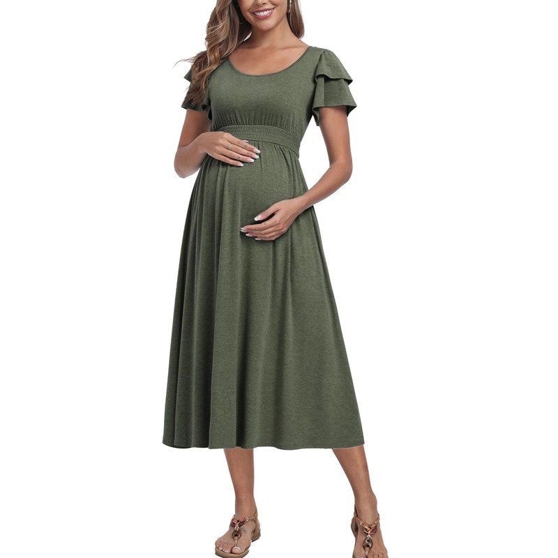 Ruffle Short Sleeve Maternity Dress High Waisted Midi Spring Baby