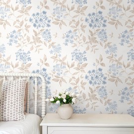 Heroad Boho Floral Wallpaper Blue/Beige Peel and Stick Wallpaper Neutral Leaf Contact Paper Removable Self Adhesive Wall Paper for Cabinet Bedroom Bathroom Waterproof Decor Vinyl Roll 17.3''x78.7''