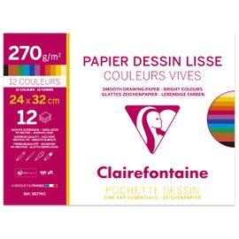 Clairefontaine 96774C Pack of 12 Sheets Smooth Drawing Paper Maya, 270 g, 24 x 32 cm, 1 Pack, Bright Assorted Colours, Paper, 24 x 32 cm