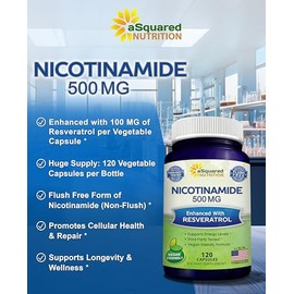 aSquared Nutrition Nicotinamide with Resveratrol - 120 Veggie Capsules - Vitamin B3 500mg (Niacinamide Flush Free) - Supplement Pills to Support NAD, 