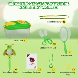 QuadPro Bug Catcher for Kids - 2 Sets - Outdoor Explorer Set with Butterfly Net, Tweezers, Bug Clamp, Magnifying Glass & Entomology Learning Cards - Perfect Bug Catching Kit for Kids Age 3 4 5 6 7 8