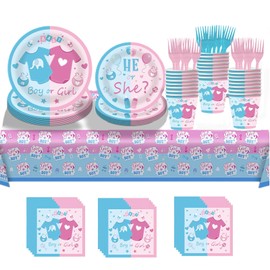 101PCS Party Plates Supplies Kit for Gender Reveal,Boy or Girl Birthday Party,Baby Shower Pink and Blue Disposable plates,Napkins,tablecloth,Paper Cups, fork,Serves 20.