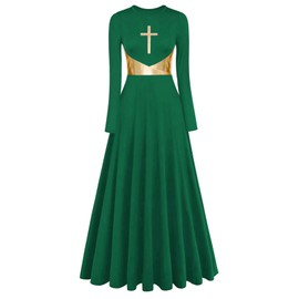 ELLYDOOR Womens Metallic Cross Worship Praise Dance Dress Full Length Lyrical Dancewear Church Liturgical Robe Dress Tag XL, Green