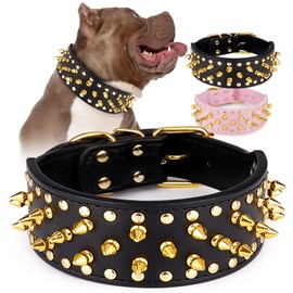 Wide Gold Spiked Dog Collar, Epesiri Dog Chain Collars, Mushroom Rivet PU Leather Dog Collars, Adjustable Durable Spike Studded Pet Collar for Pitbull Mastiff Bulldog Pugs Husky Rottweiler
