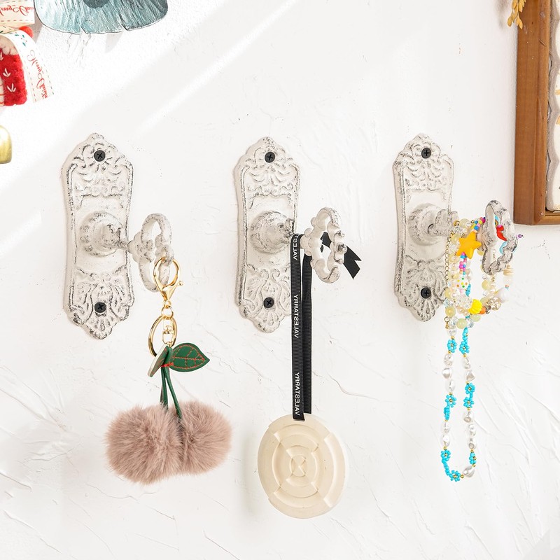 Sungmor 3Pcs Cast Iron Coat Hooks,White Skeleton Key-Shaped Wall Hooks