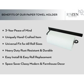 RTZEN Horizontal Black Paper Towel Holder - Handcrafted Rustic Metal Decorative Wrought Iron Decor - Farmhouse Wall Mount Paper Towel Holder for Kitchen or Bathroom