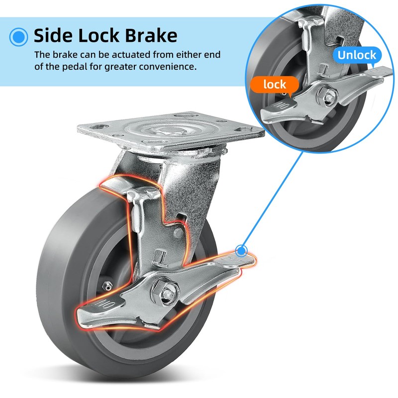 LONGRUNFORU 6 inch Caster Brake Kit, Tread Lock, Zinc Plated
