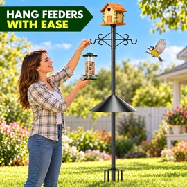 89 Inch Bird Feeder Pole with Squirrel Baffle, Multi-Hook Hanger, 5-Prong Base and Birdhouse Mount
