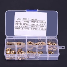 180Pcs Brass Flat Washer Assortment 8 Mix Size Metric Sealing Washer Set M2/M2.5/M3/M4/M5/M6/M8/M10