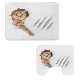 Lunarable Animal Bathroom Rug Set 2 Pieces, Funny Cat in Hole with Claw Scratches Playful Kitten Pet Picture, Water-Resistant Rectangle Floor Rug & U-Shape Contour Mat, Brown White, Brown White