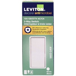 Leviton Antimicrobial 15 Amp 120/277V Decora Rocker 3-Way AC Quiet Switch, 5603-2AW, White