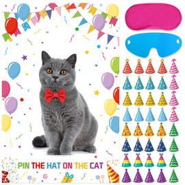 Pin The Hat on The Cat Games with Kitten Poster, 40 Mini Stickers for Kids Party Cat Theme Birthday Party Decorations Pet Party Favor Supplies