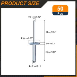 sourcing map 50Pcs 3/16"x1" Large Flange Blind Rivets, Zinc-Plated Carbon Steel Grip and Mandrel Cap Blind Rivets, Silver