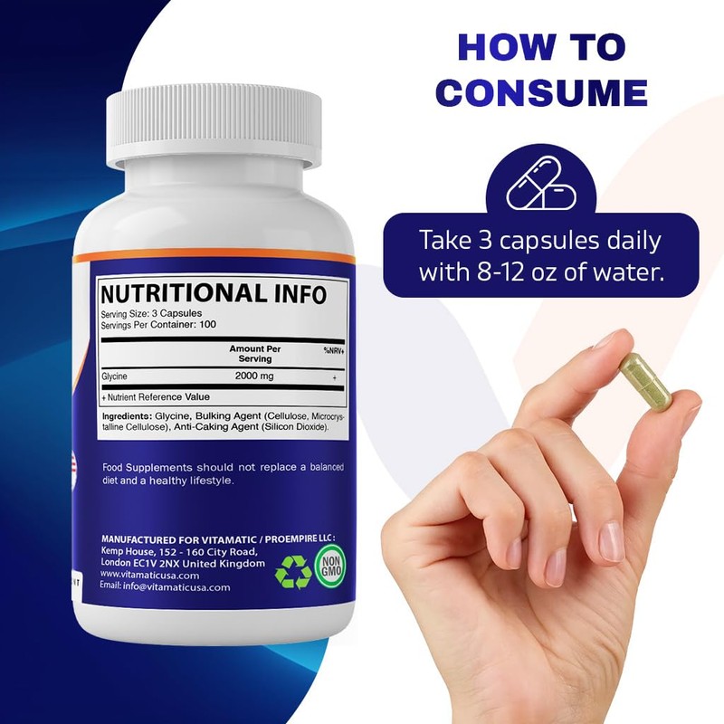 Vitamatic Glycine Supplement, 2000mg Per Serving, 300 Count, Non-GMO, Gluten