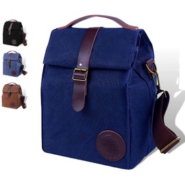 ASEBBO Insulated Lunch Bag for Men, Women - 10L Waxed Canvas Cool Bag with Genuine Leather Handle and Strong Buckle Closure, Reusable Lunch Cooler Bag for Work School Picnic Food (Blue)