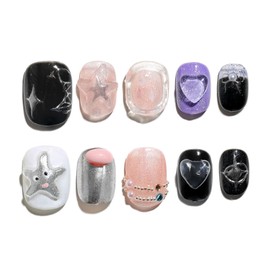 Sun&Beam Nails Handmade Nail Tip, Short, Square, Round, Colorful, Black, White, Pink, Silver, Starfish, Star, False Nails, Stylish Design, False Nails, Set of 10 (#168 L)