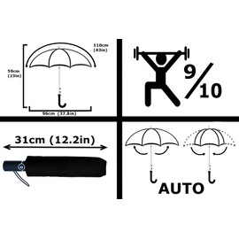 COLLAR AND CUFFS LONDON - Rare 12 Rib Compact Umbrella, 4 Extra For Strength - 80kph Strong Reinforced Windproof Frame with Fiberglass - Vented Canopy - Small Auto Open and Close - Black - Men Women
