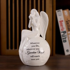 Guardian Angel Ceramic Night Light – Praying Angel Figurine Lamp with Inspirational Message – LED Light Up Keepsake Gift for Christian Home Décor, Sympathy, Memorial, or Father’s Day